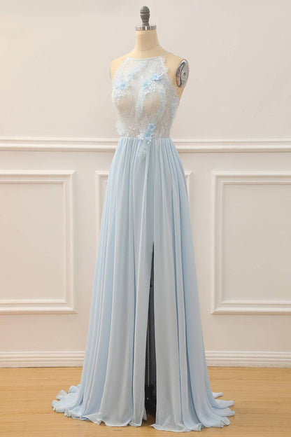 Light Blue High Neck Sleeveless A-Line Sheer Empire Prom Dress