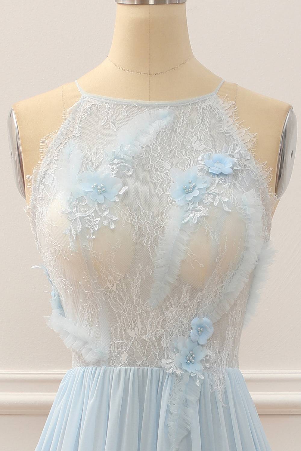 Light Blue High Neck Sleeveless A-Line Sheer Empire Prom Dress