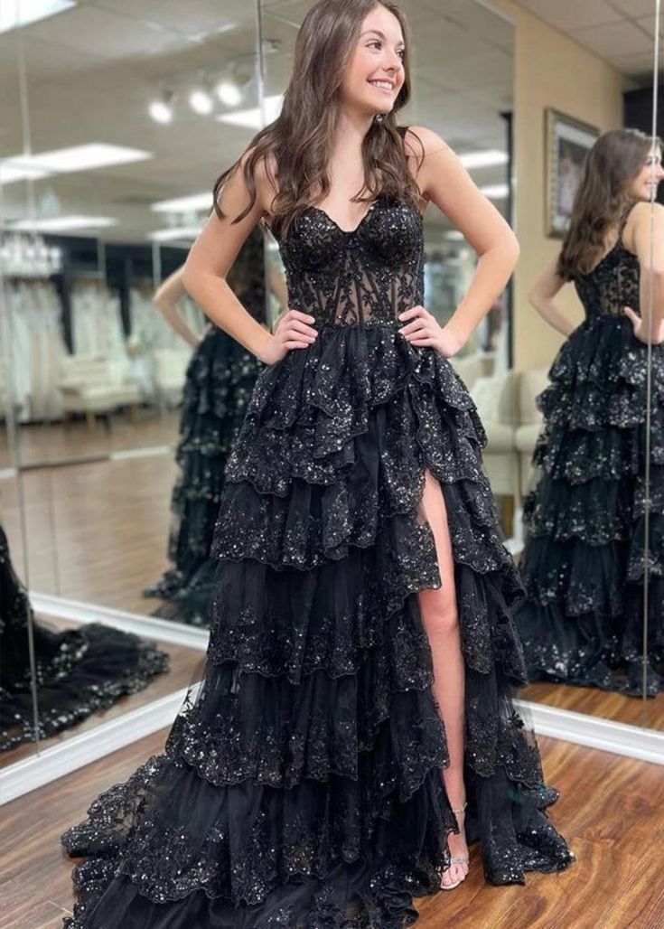 A-Line Sweetheart Neck Tulle Sequin Navy Blue Long Prom Dress P631