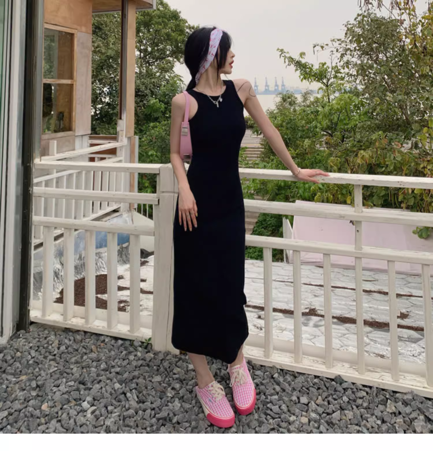 Simple Women Fashion Gray Black Halter Dress TP2988