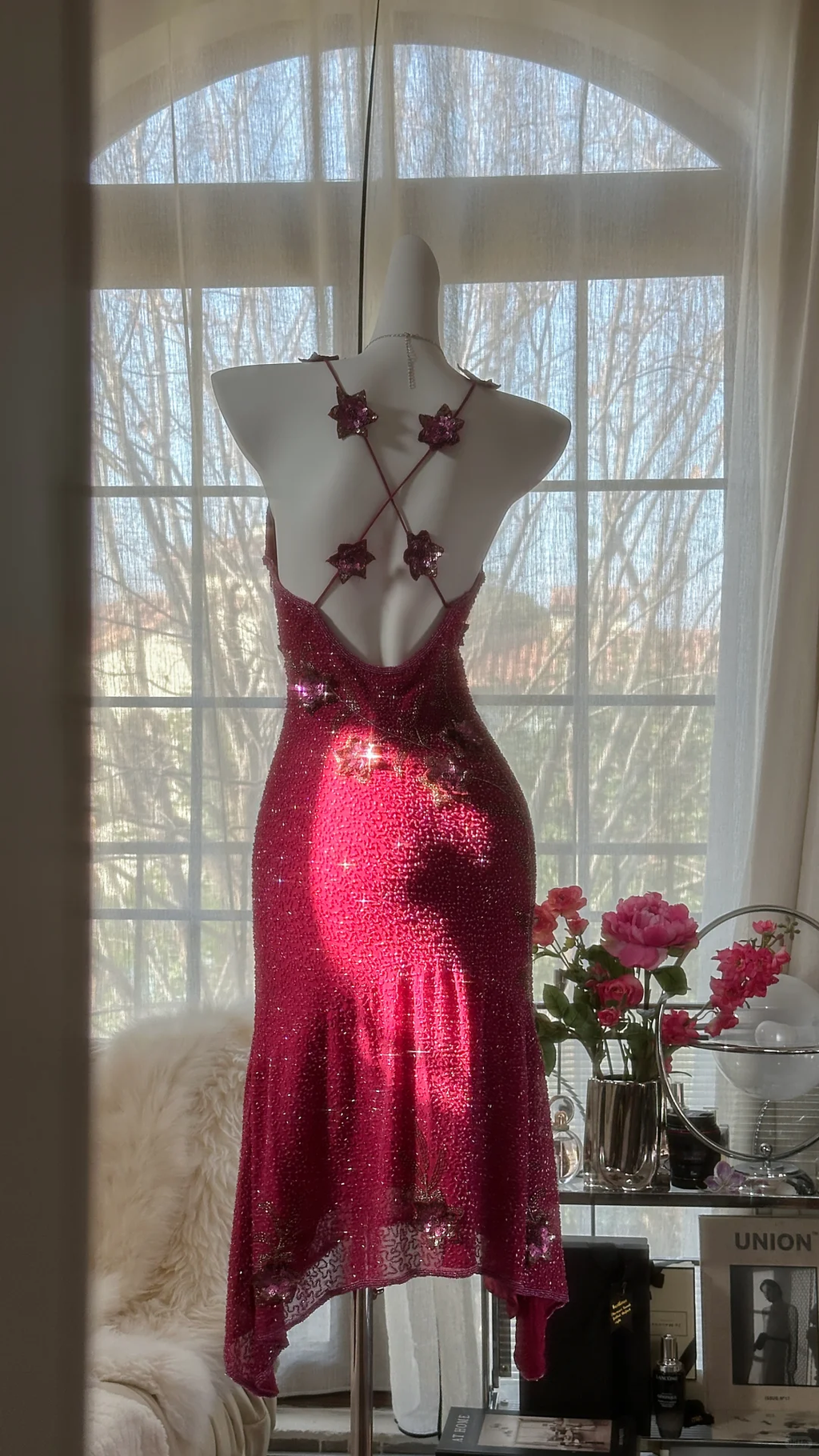 Vintage Shiny Sequin Rose Red Backless Design A-line Romantic Chiffon Evening Dress Prom Dress TP4008