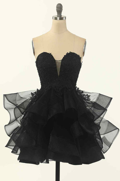 Black A-line Strapless V Neck Applique Multi-Layers Mini Homecoming Dress
