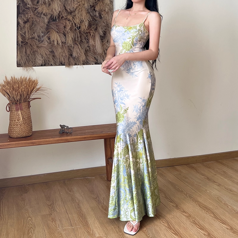 Elegant Floral Spaghetti Strap Mermaid Long Summer Dress Prom Dress Evening Dress TP4351