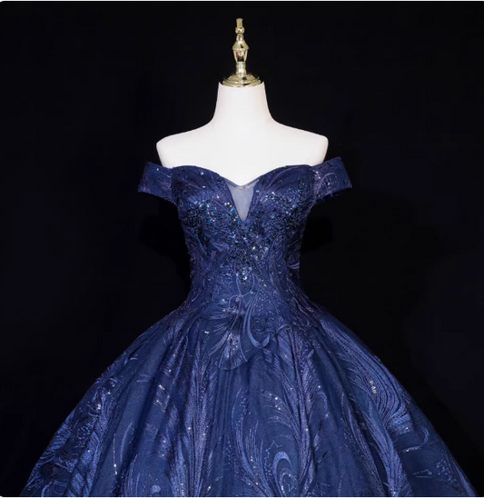 Vintage Navy Blue  Off-the-Shoulder Beaded Embroidered Tulle Prom Dress Evening Dress P4680