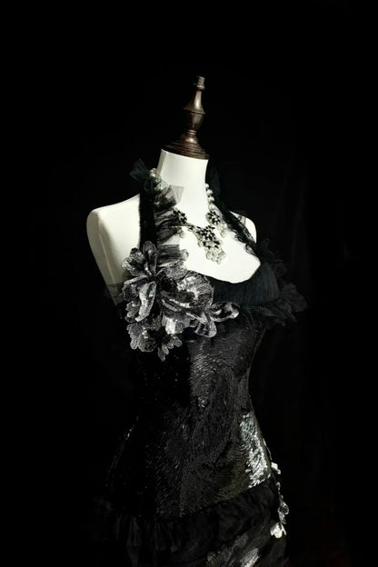 girlhomeshops-Evening dress Black mermaid-inspired floral gown, uniquely elegant dark mermaid long tulle ball gown/evening dress. gh6138