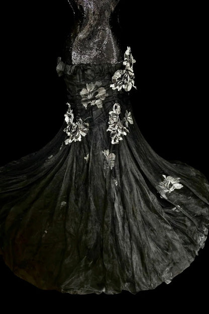 girlhomeshops-Evening dress Black mermaid-inspired floral gown, uniquely elegant dark mermaid long tulle ball gown/evening dress. gh6138