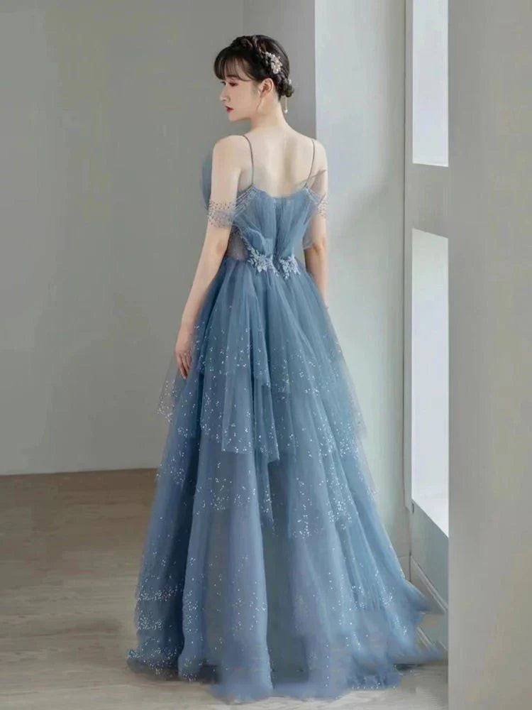 Vintage Blue Beaded Design Elegant A-Line Chiffon Tulle Evening Dress Prom Dress TP4121