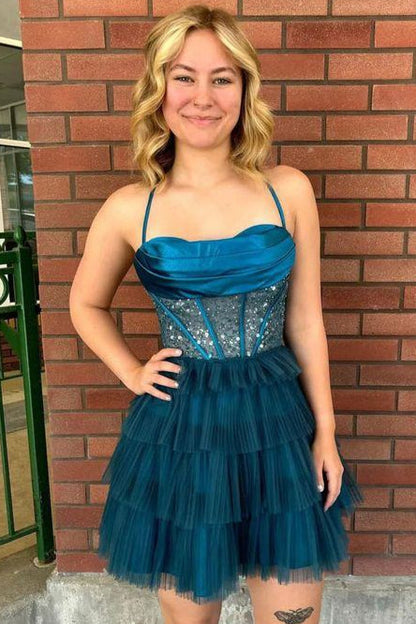 Peacock Corset A-line Ruffle Short Homecoming Dress