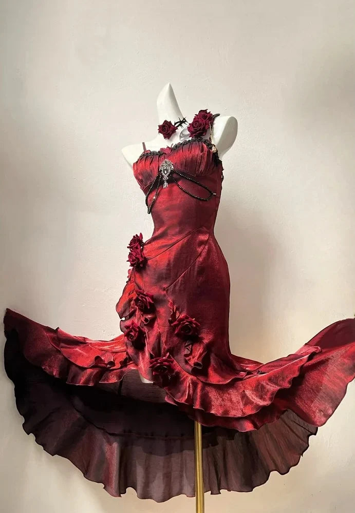 Beautiful Burgundy Spaghetti Strap 3D Rosette Detachable Flounce Sleeves Design Satin Prom Dress Evening Dress TP2764