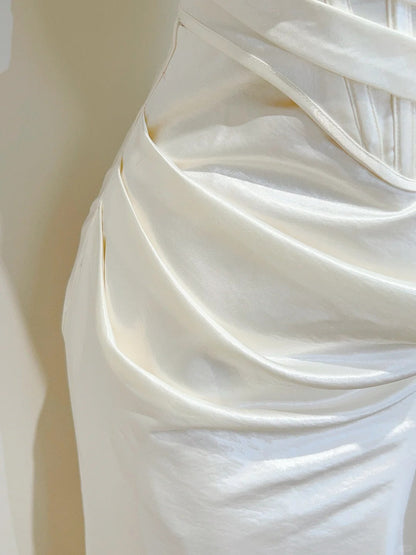 Simple Ivory Mermaid Square Neck Strapless Pleated Satin Prom Dress Evening Dress Bridesmaid Dress P4069
