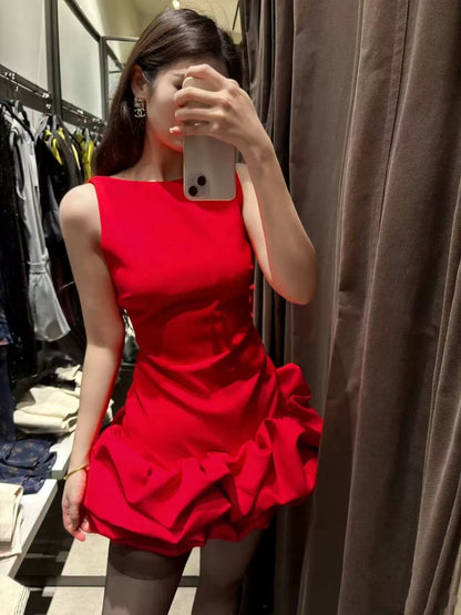 Cute White Sleeveless Satin Floral Skirt Homecoming Dress P3404