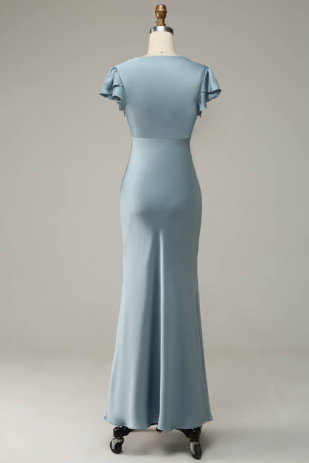 Misty Mermaid V Neck Satin Ruffle Sleeves Long Bridesmaid Dress