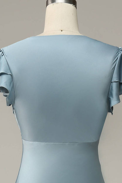 Misty Mermaid V Neck Satin Ruffle Sleeves Long Bridesmaid Dress