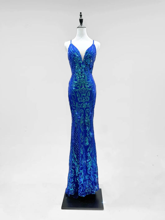 Girlhomeshops-Blue shiny fashion sequins long prom dress birthday party dress gh5420