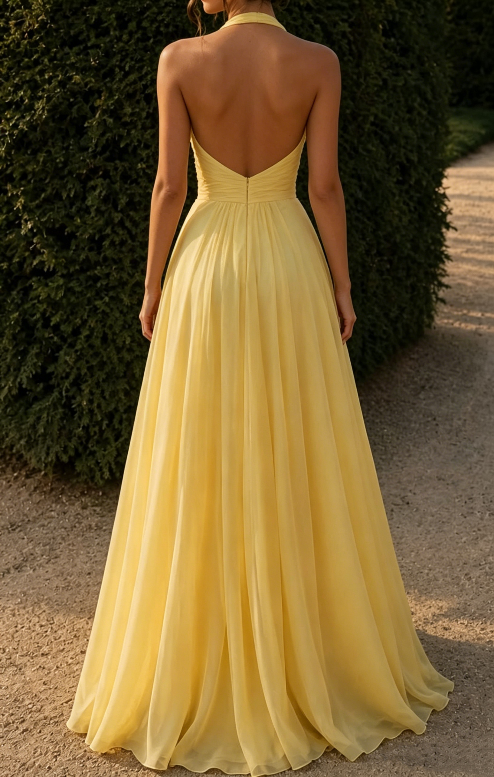 Vintage Yellow Halter-Neck Chiffon Long Prom Dress 3D Floral Appliques A-Line Evening Gown TP5894