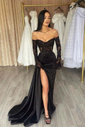 Elegant Long Black Off-the-shoulder Lace Mermaid Long Sleeves Prom Dress With Slit TP21