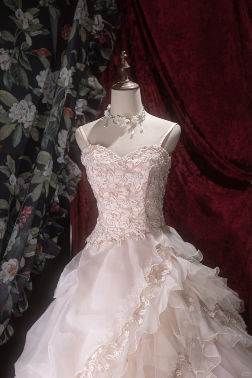 Gorgeous Pink Spaghetti Strap Lace Applique Ruffled Tulle Formal Ball Gown TP5791