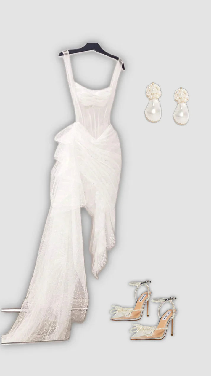 Vintage White Irregular Skirt Hem Sheath Tulle Prom Dress Party Dress Evening Dress TP4500