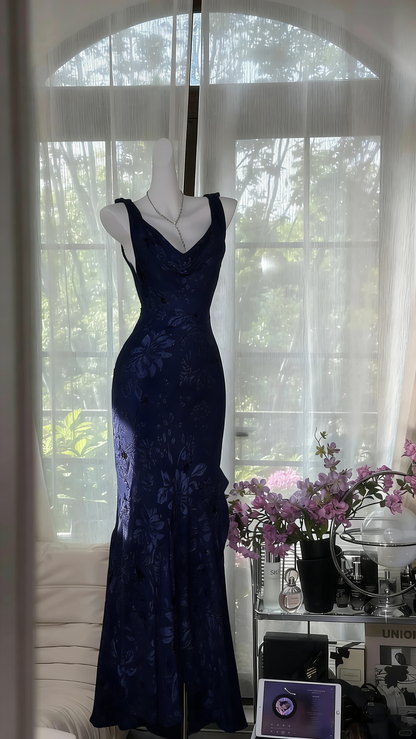 Elegant Purple Mermaid Printed Boat Neck Chiffon Long Prom Dress Evening Dress P4040