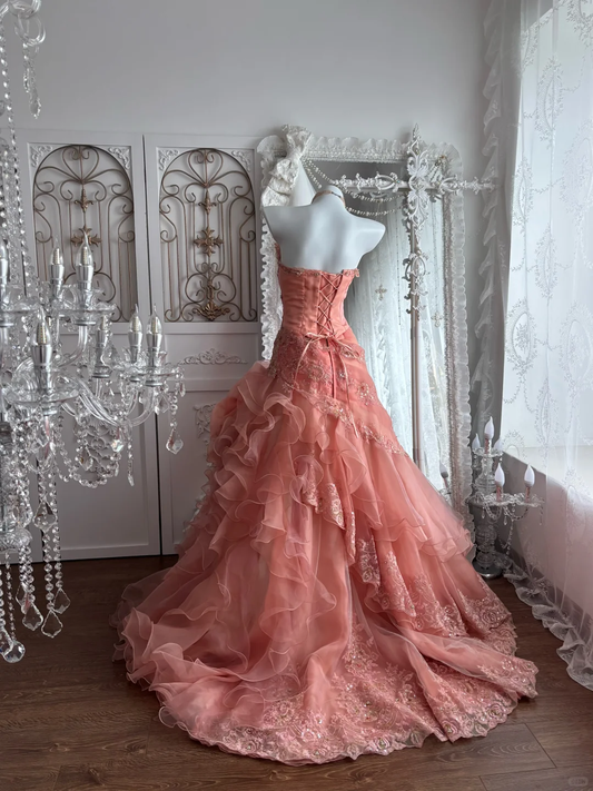 Pink Strapless Fitted Waist Princess Prom Gown, Evening Gown & Wedding Bridal Gown gh7349
