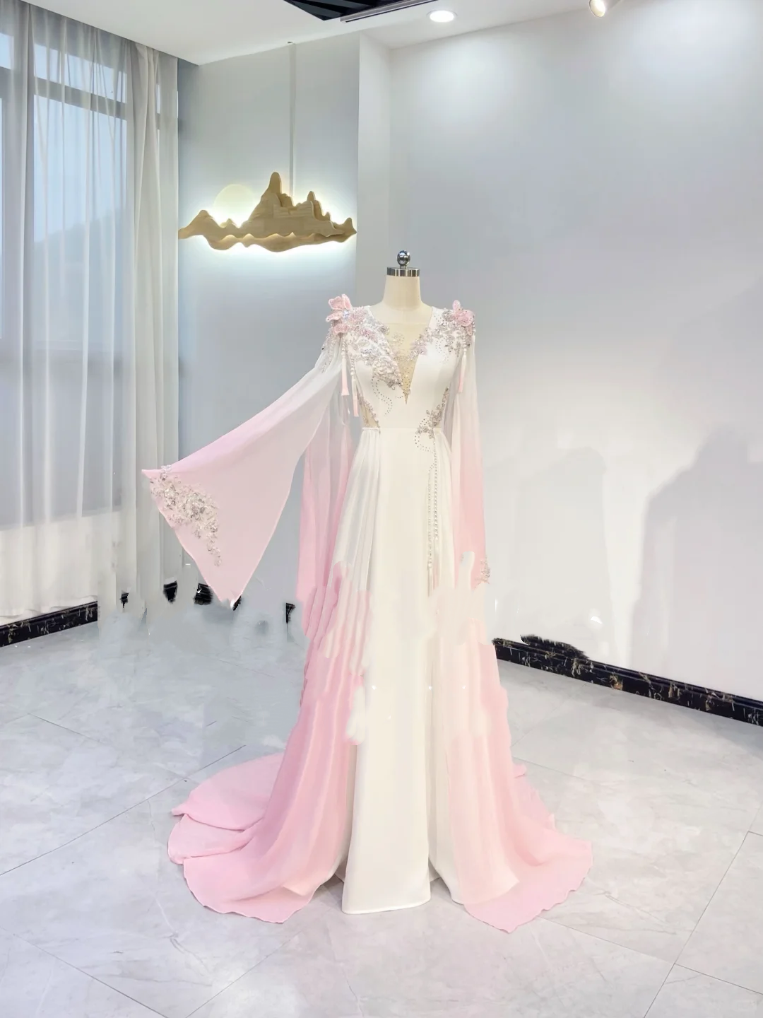 Light Pink Gradient V-Neck Waist-Cinched Fitted Long Evening Dress, Fairy Gown, Romantic Gown gh7385