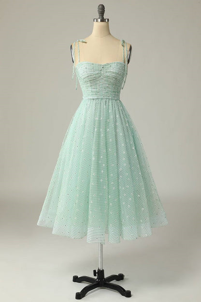 Agave A-line Tie Bow Straps Applique Pleated Mini Homecoming Dress