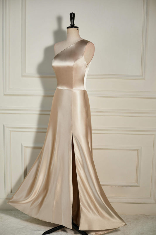 Champagne One Shoulder A-line Satin Long Bridesmaid Dress with Slit