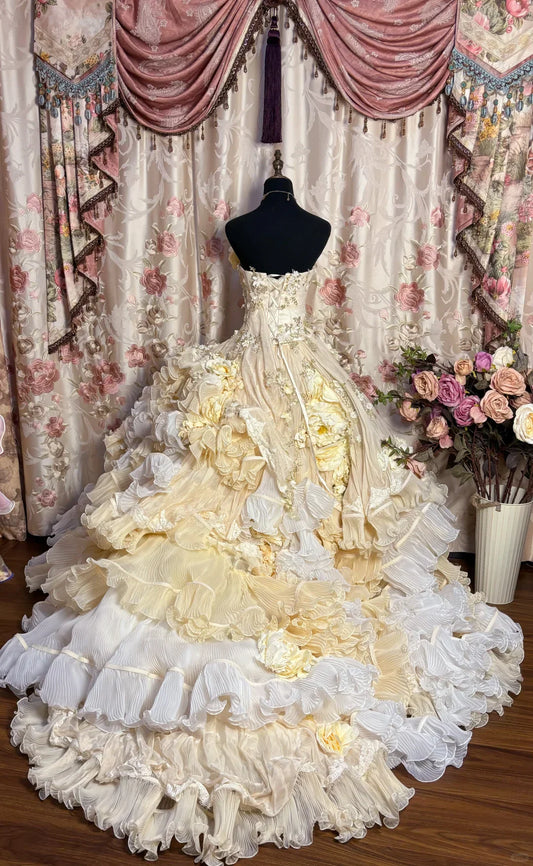 Vintage Applique Ruffles Strapless Sweet 16 Quinceanera A-Line Evening Dress Ball Gown TP4287