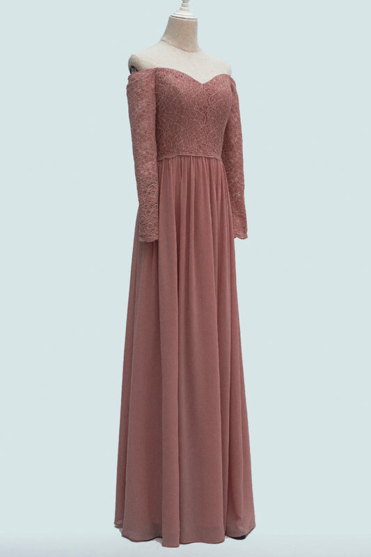 Desert Rose A-line Long Sleeves Off-Shoulder Lace Long Bridesmaid Dress