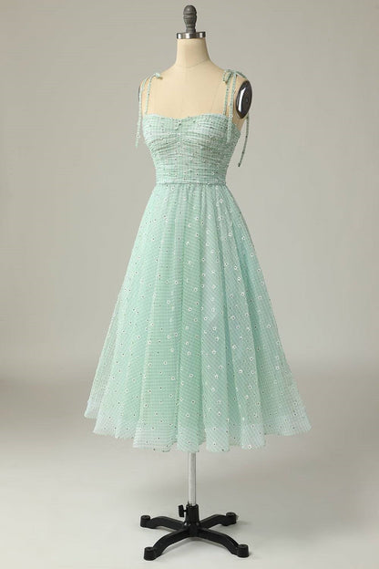 Agave A-line Tie Bow Straps Applique Pleated Mini Homecoming Dress