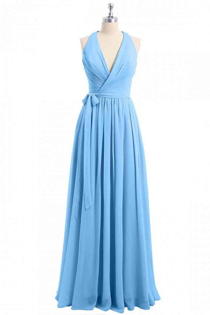 Blue A-line Halter V neckline pleated Chiffon Long Bridesmaid Dress