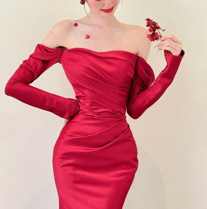 girlhomeshops- Red Long Sleeve Off-The-Shoulder Bodycon Satin Floor-Length Ball Gown Prom Dress gh5961