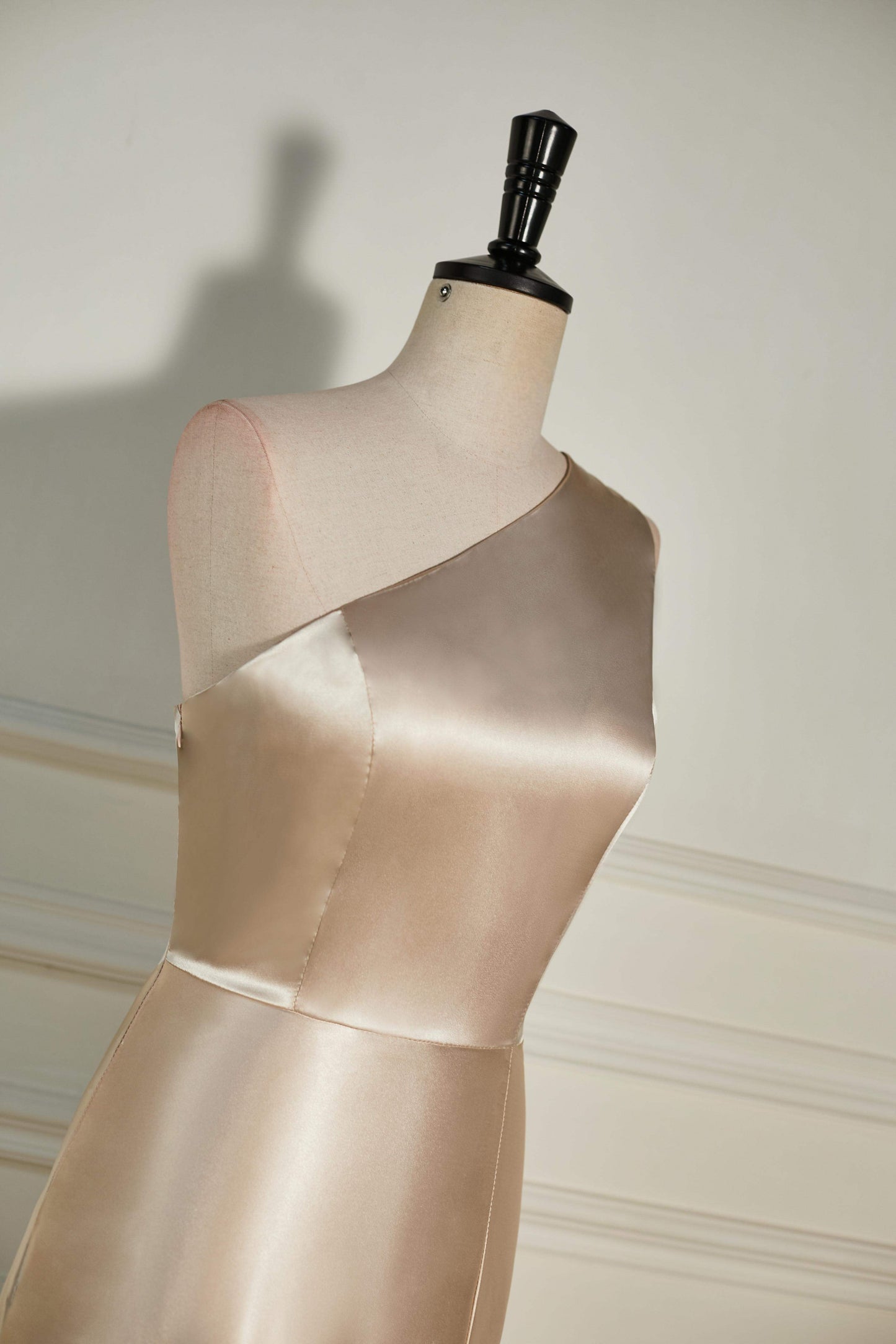 Champagne One Shoulder A-line Satin Long Bridesmaid Dress with Slit