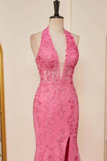 Pink Appliques Mermaid Plunging V Halter Long Prom Dress with Slit