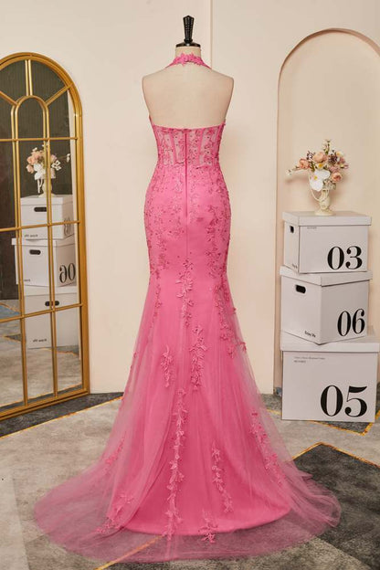 Pink Appliques Mermaid Plunging V Halter Long Prom Dress with Slit
