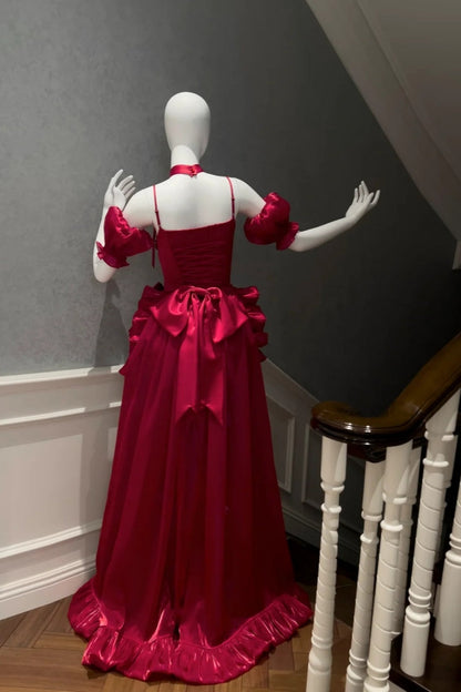 girlhomeshops-Burgundy Satin Spaghetti-Strap Puff-Sleeve Train Gown  gh6383