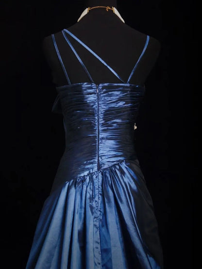 girlhomeshops-Navy Blue Satin Spaghetti Straps Floor-Length Sequin Beaded Big Bow Evening Gown gh6305