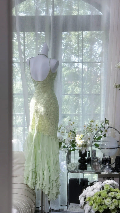 Green shiny ruffle long sequined ball gown evening dress party dress gh4319