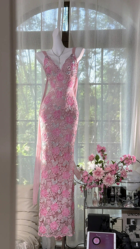 Pink floral vintage beaded lace long prom dress evening dress party dress gh4819