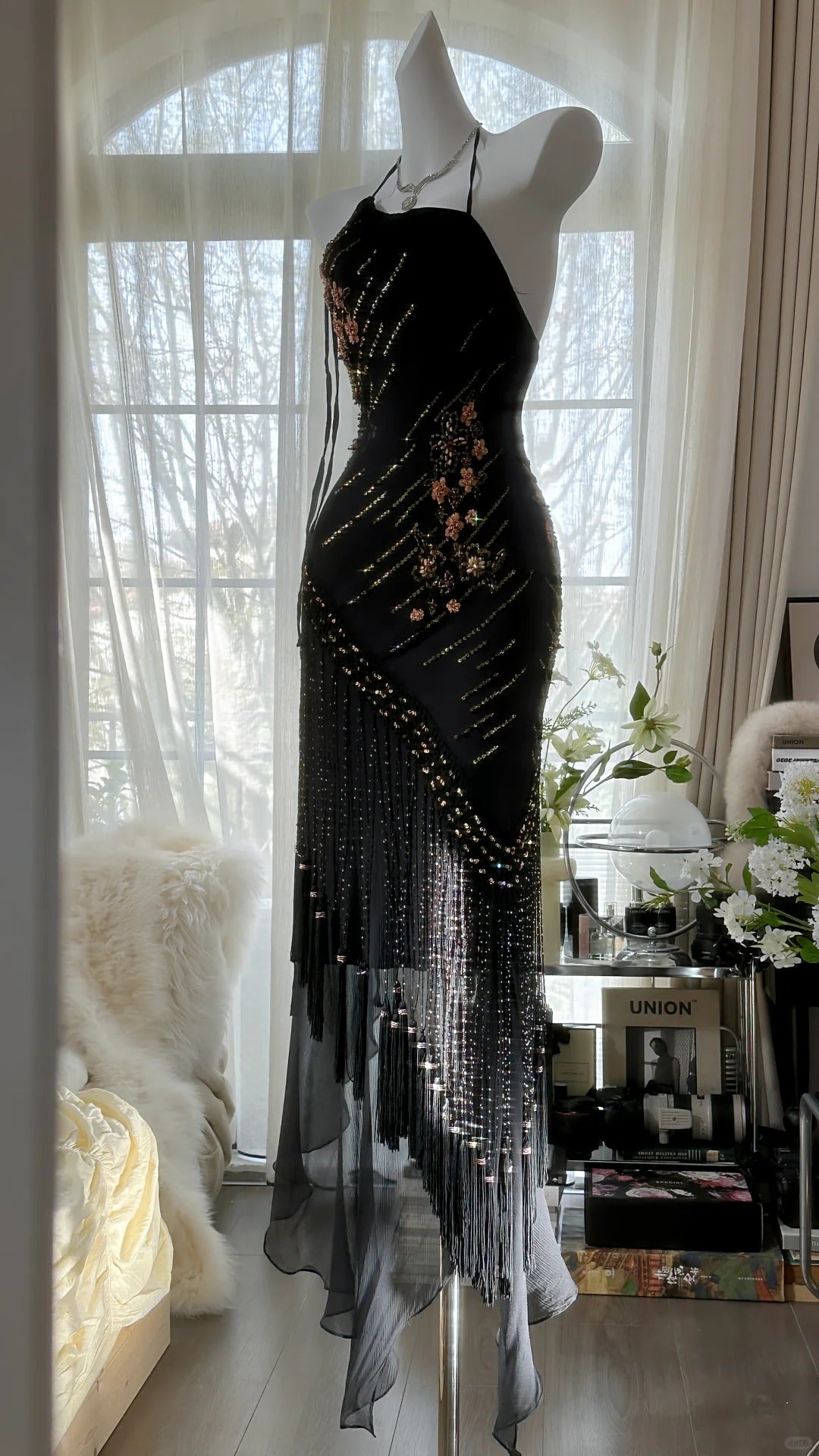 Black Vintage Fashion Delicate Floral Tassel Beaded Long Chiffon Ball Gown Birthday Party Dress Evening Gown Prom Dress gh3972