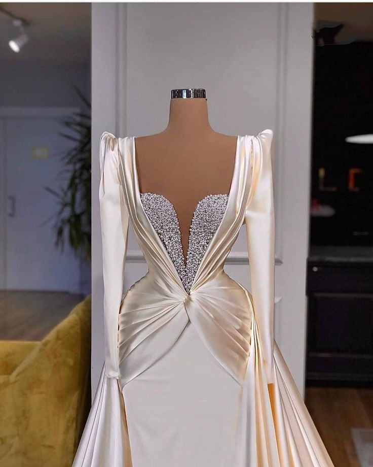 Mermaid Evening Dresses Satin Off The Shoulder Beaded Train Formal Gowns   gh2176