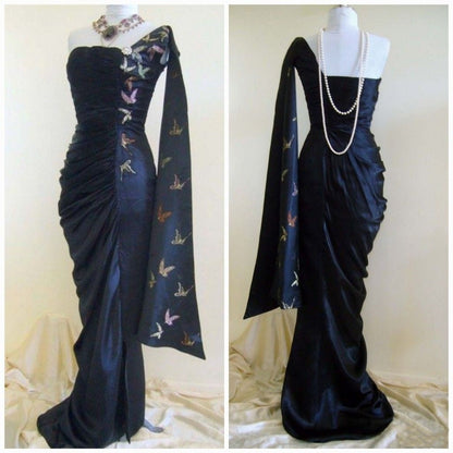 Girlhomeshops-Navy Blue Butterfly Long Satin Fashion One Shoulder Floor Length  Prom Dress Evening Dress Graduation Dress gh5197