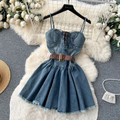 Fashion Women Sleeveless With Belted Waist Denim Corset Dress TP2822