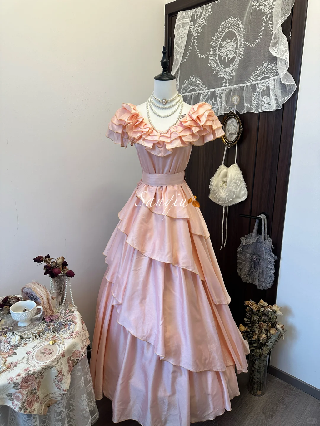 Vintage Pink Chiffon Evening Dress A-Line Ruffled Tiered Long Prom Dress TP4990