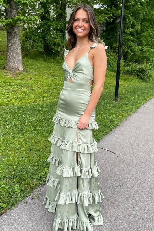Low V-Neck Spaghetti Straps Tiered Ruffled Bridesmaid/ Prom Dress