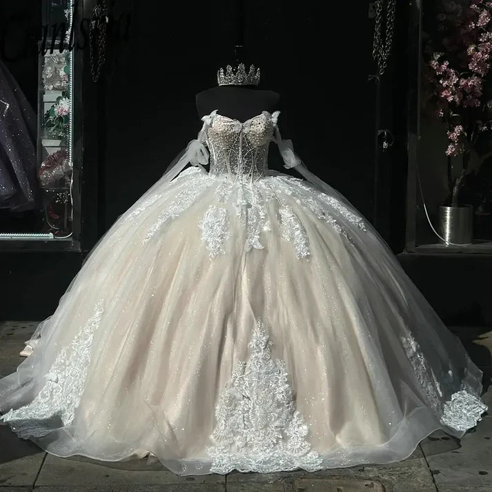 Elegant Ivory Applique Sweet 16 Quinceanera Tulle A-Line Prom Dress Birthday Dress Evening Dress Ball Gown TP4530
