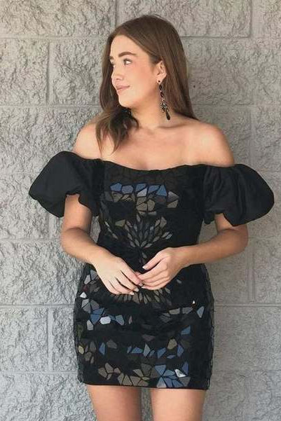 Black Cut Glass Mirror Puff-Sleeve Short Homecoming Dress