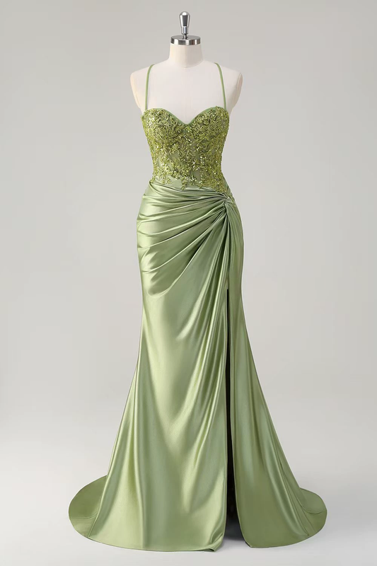 Gorgeous Spaghetti Straps Beaded Lace Mermaid Prom Dress Satin Ruched High Slit Evening Gown TP5755