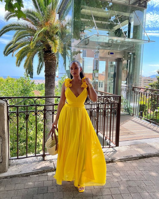 Yellow V-neck stylish elegant long chiffon ball gown evening dress party dress gh3053
