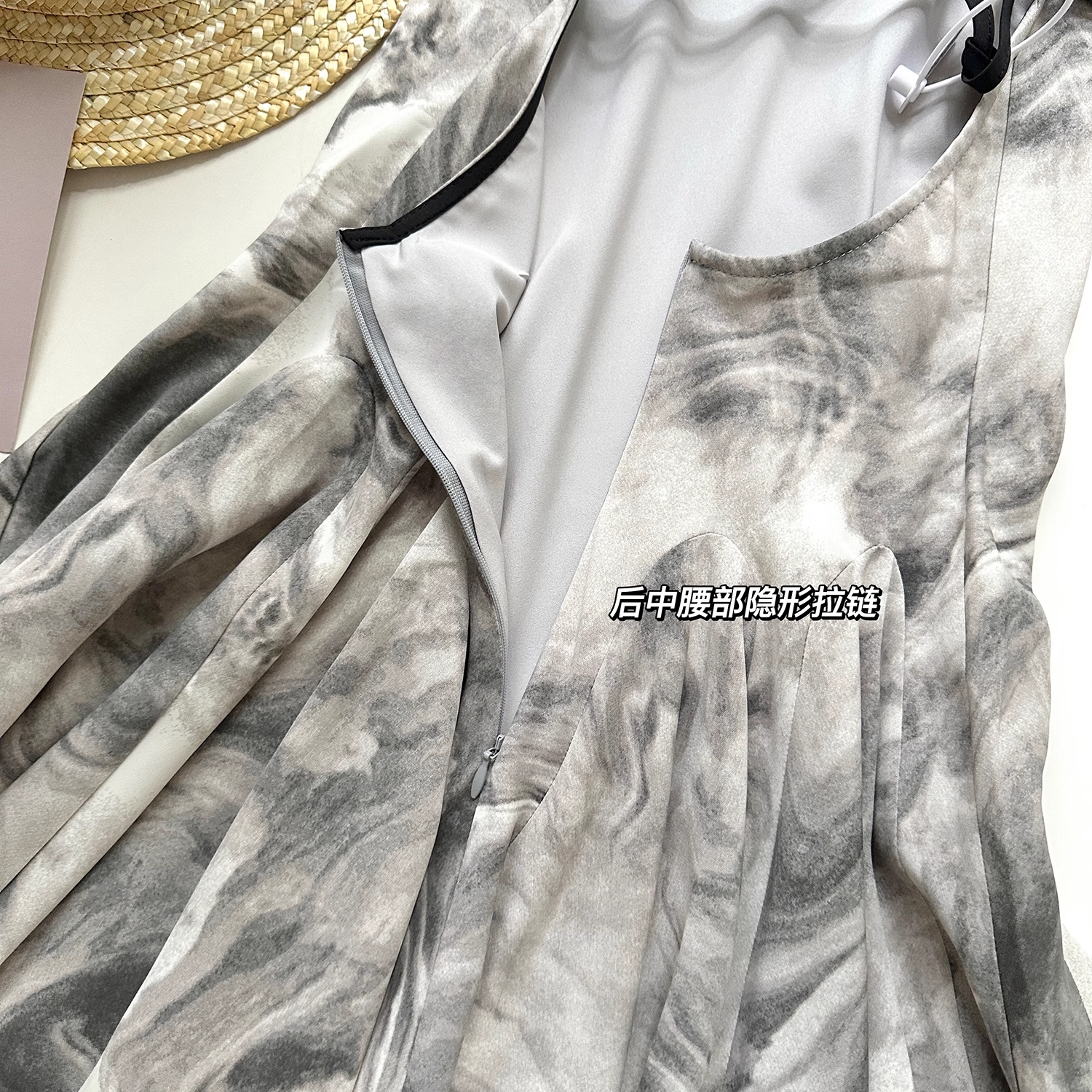 Simple Floral Ink-wash Pattern Design A-line Sleeveless Spaghetti Strap Dress TP3287